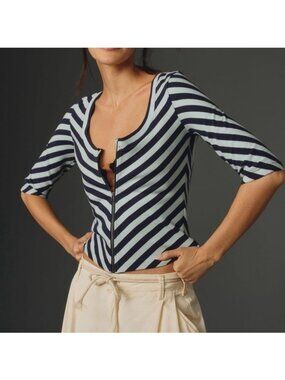 Maeve Anthropologie Blue Chevron Stiped Zip-Up Top, Size XL